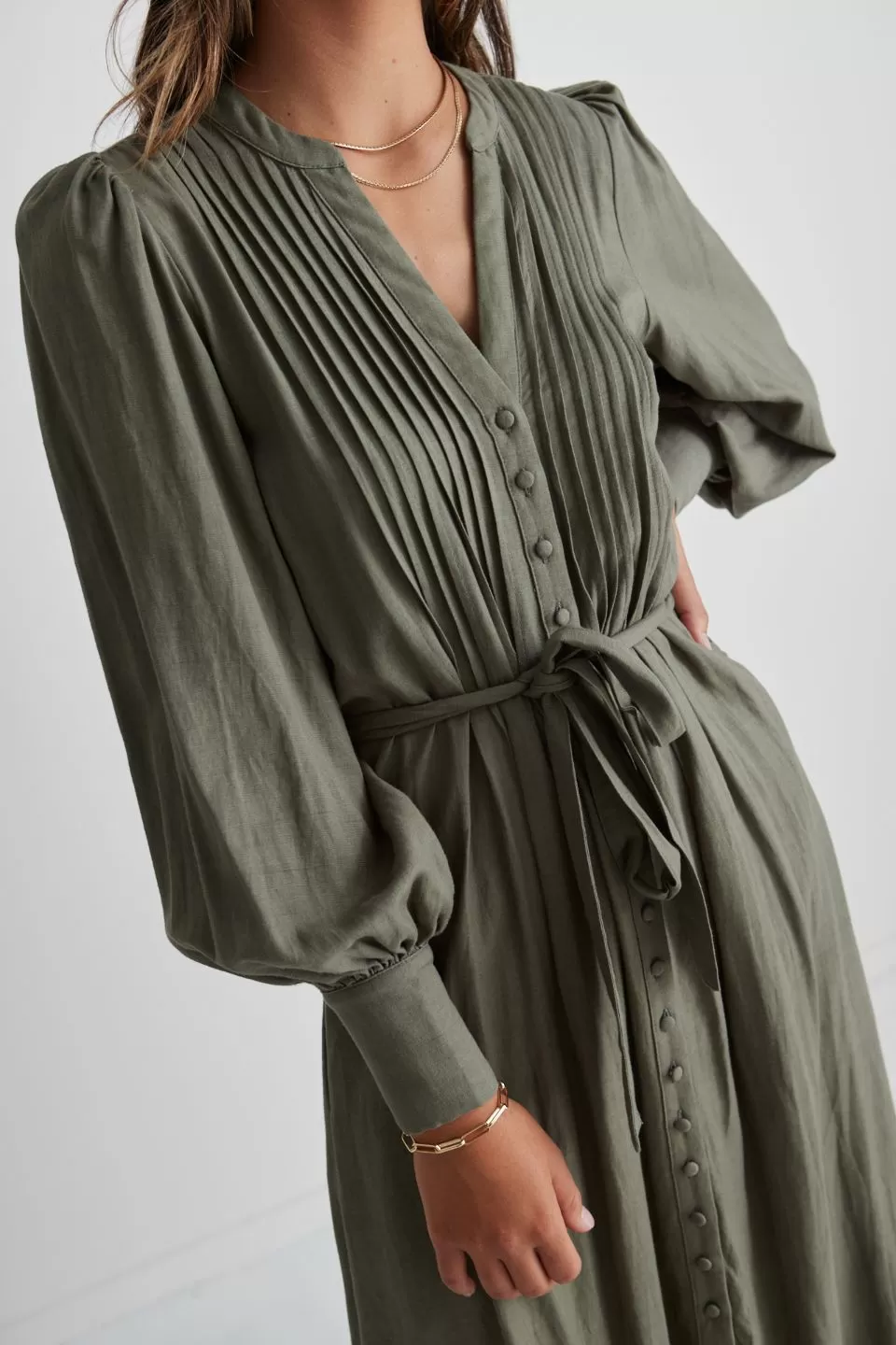 Guardian Soft Khaki Puff Sleeve Pintuck Midi Shirt Dress