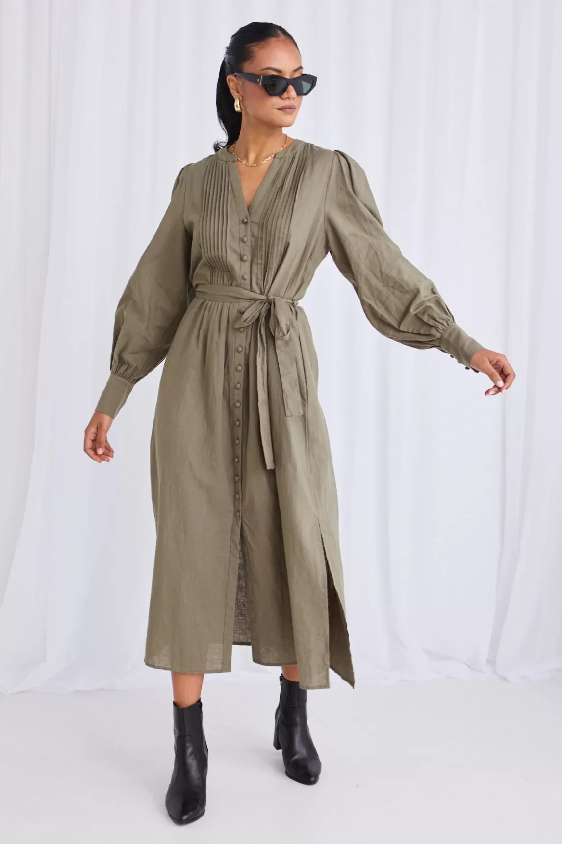 Guardian Soft Khaki Puff Sleeve Pintuck Midi Shirt Dress