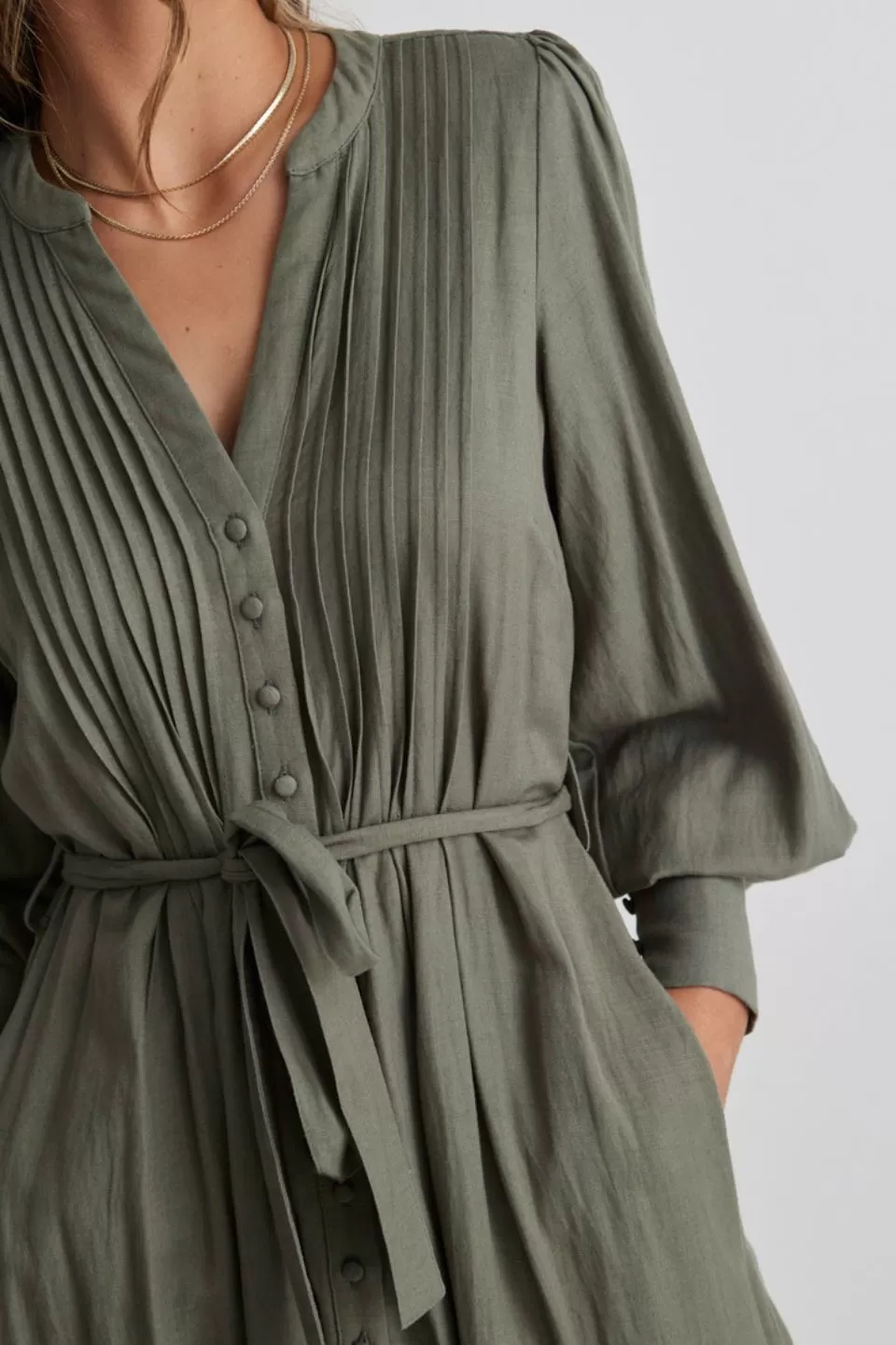 Guardian Soft Khaki Puff Sleeve Pintuck Midi Shirt Dress