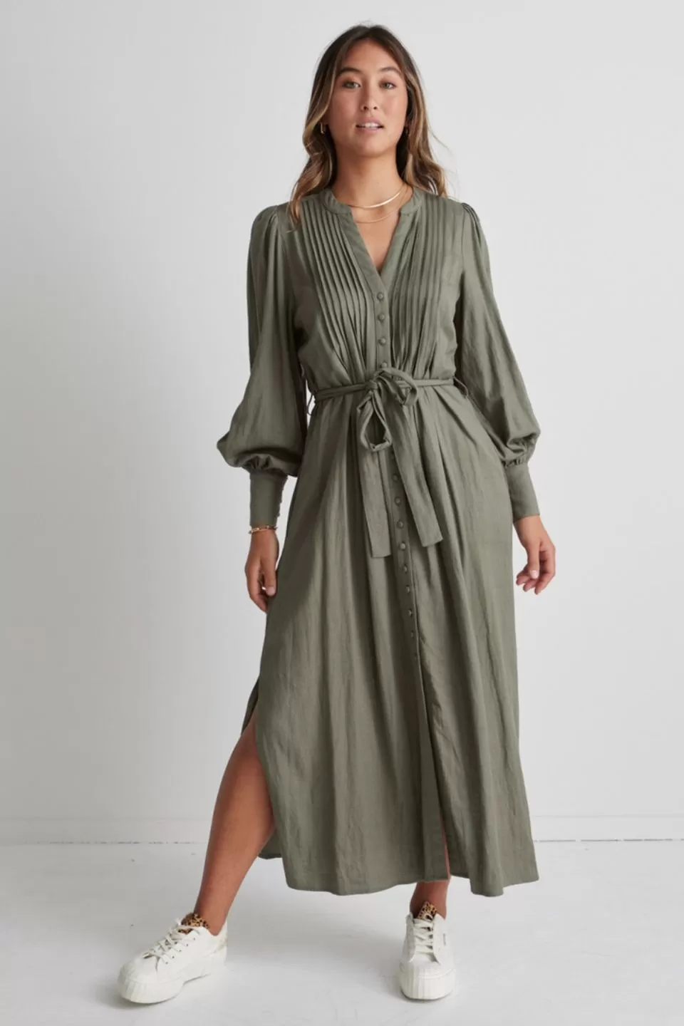 Guardian Soft Khaki Puff Sleeve Pintuck Midi Shirt Dress