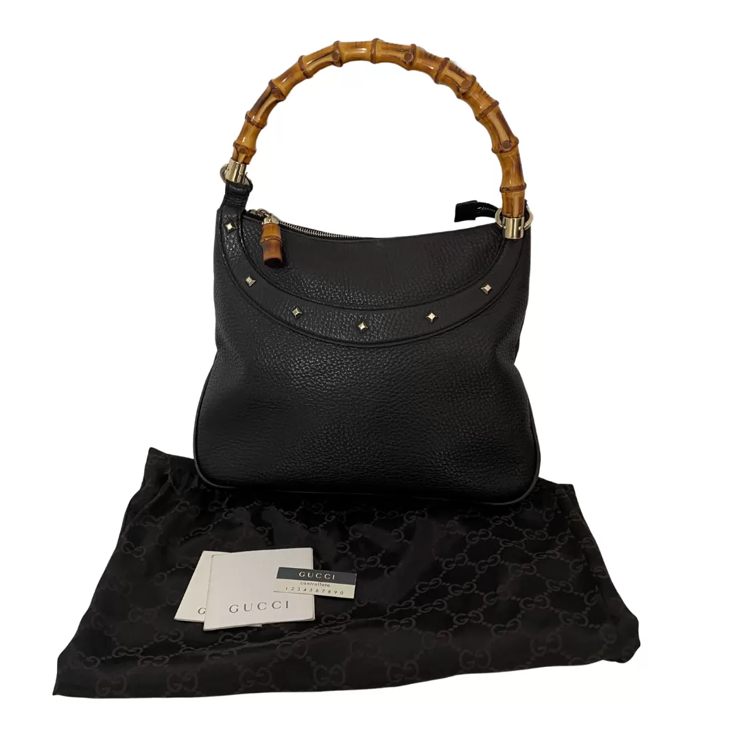 Gucci Black Pebbled Leather Bamboo Top Handle Bag | Gently Used |