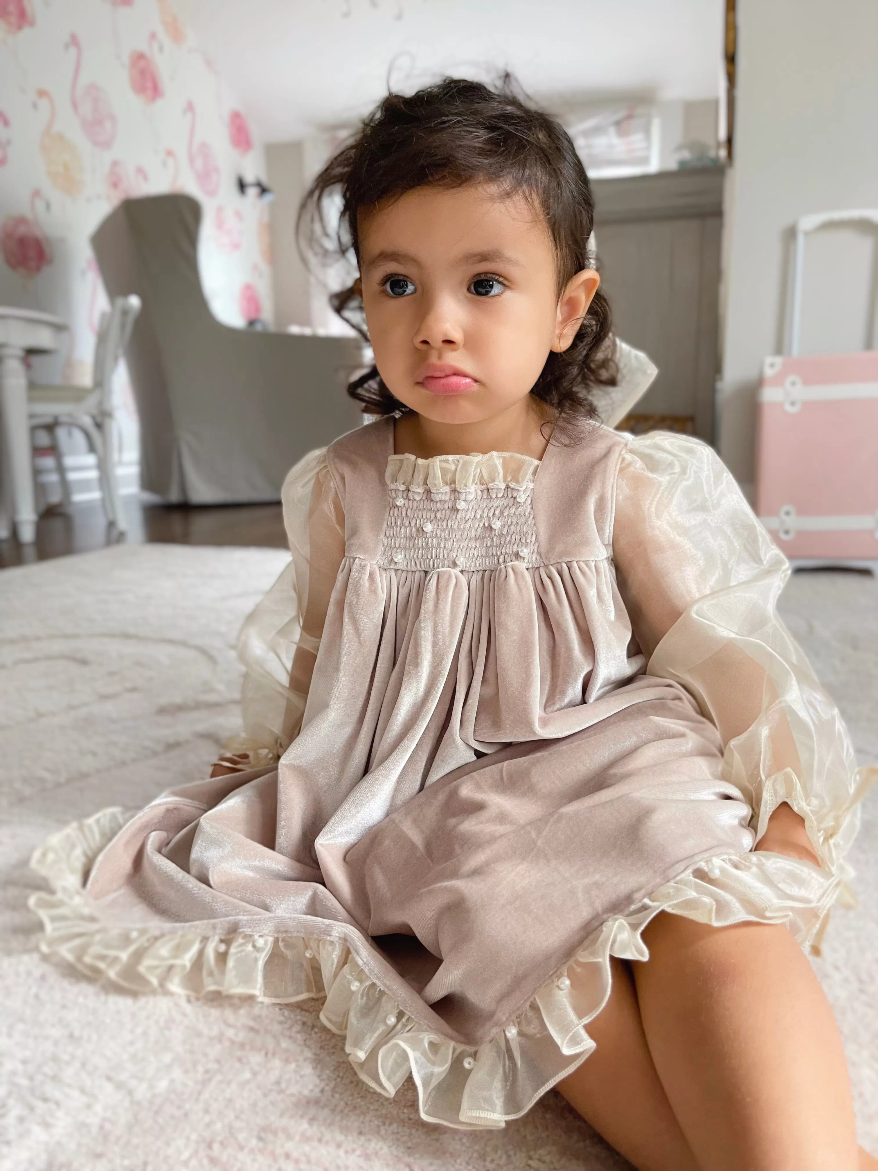 Helena Velour Beige Dress With Organza Sleeves