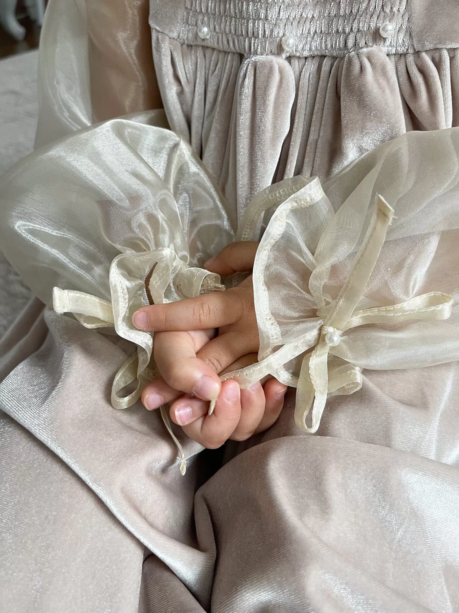 Helena Velour Beige Dress With Organza Sleeves