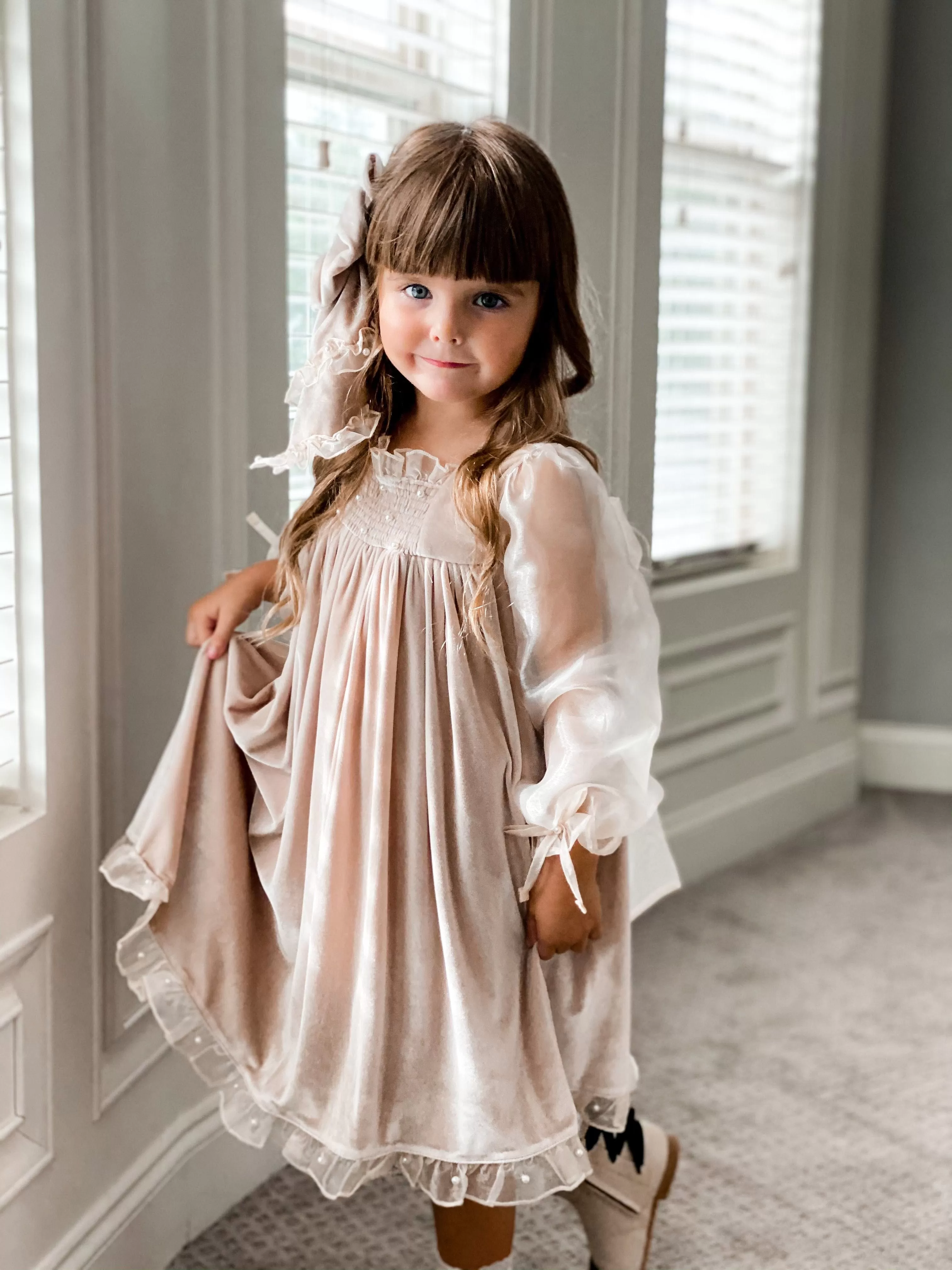 Helena Velour Beige Dress With Organza Sleeves