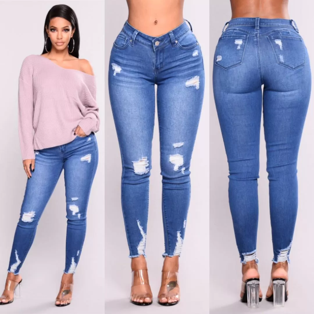 High Waist Push Up  Ripped Stretch Jeans Denim