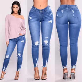 High Waist Push Up  Ripped Stretch Jeans Denim