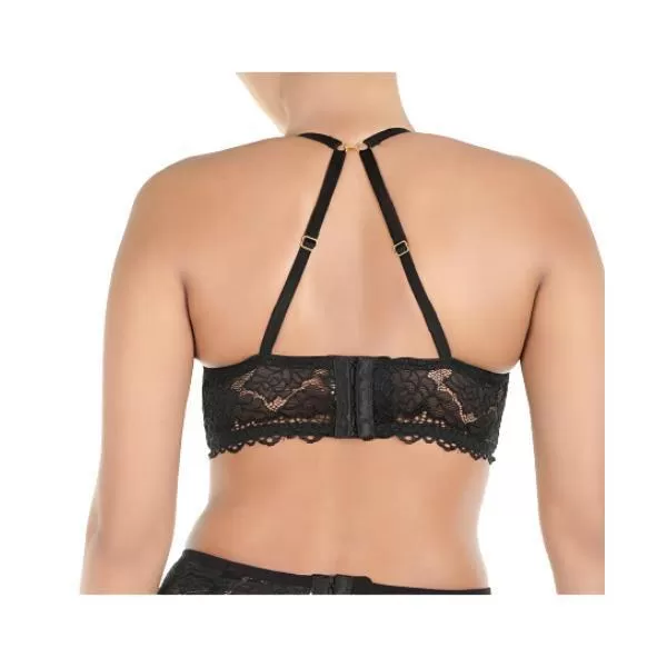 Lace & Mesh Push-up Bra With Garter Belt & Thong-black For Women