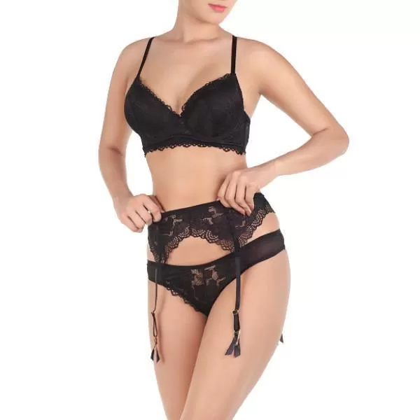 Lace & Mesh Push-up Bra With Garter Belt & Thong-black For Women