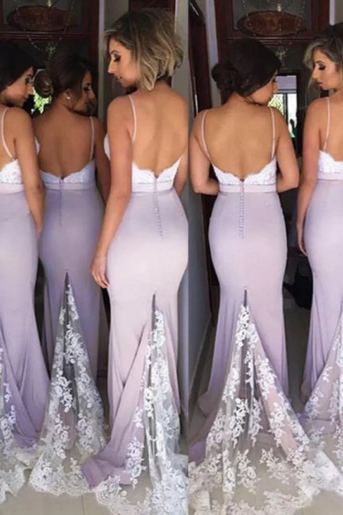 Lace Mermaid Backless Unique Sweetheart Spaghetti Straps Cheap Bridesmaid Dresses