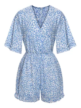 Light Blue 1950s Leopard V-Neck Flounce Sleeve Romper