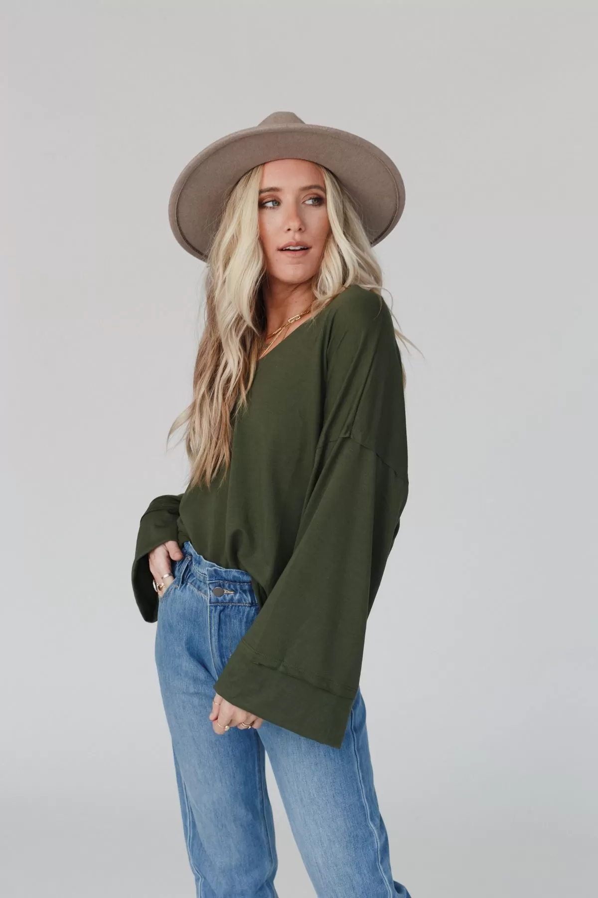 Love It V Neckline Sweater Top - Olive