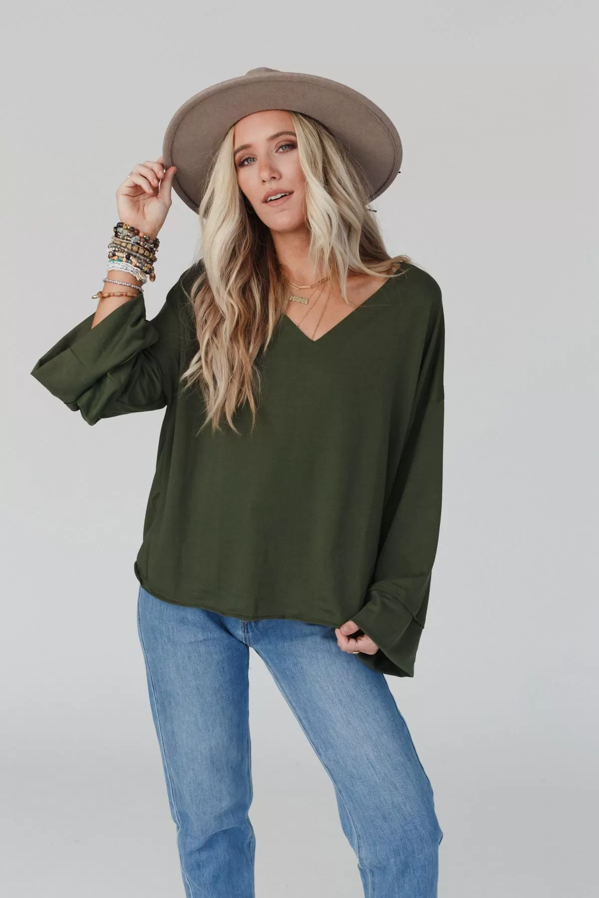 Love It V Neckline Sweater Top - Olive