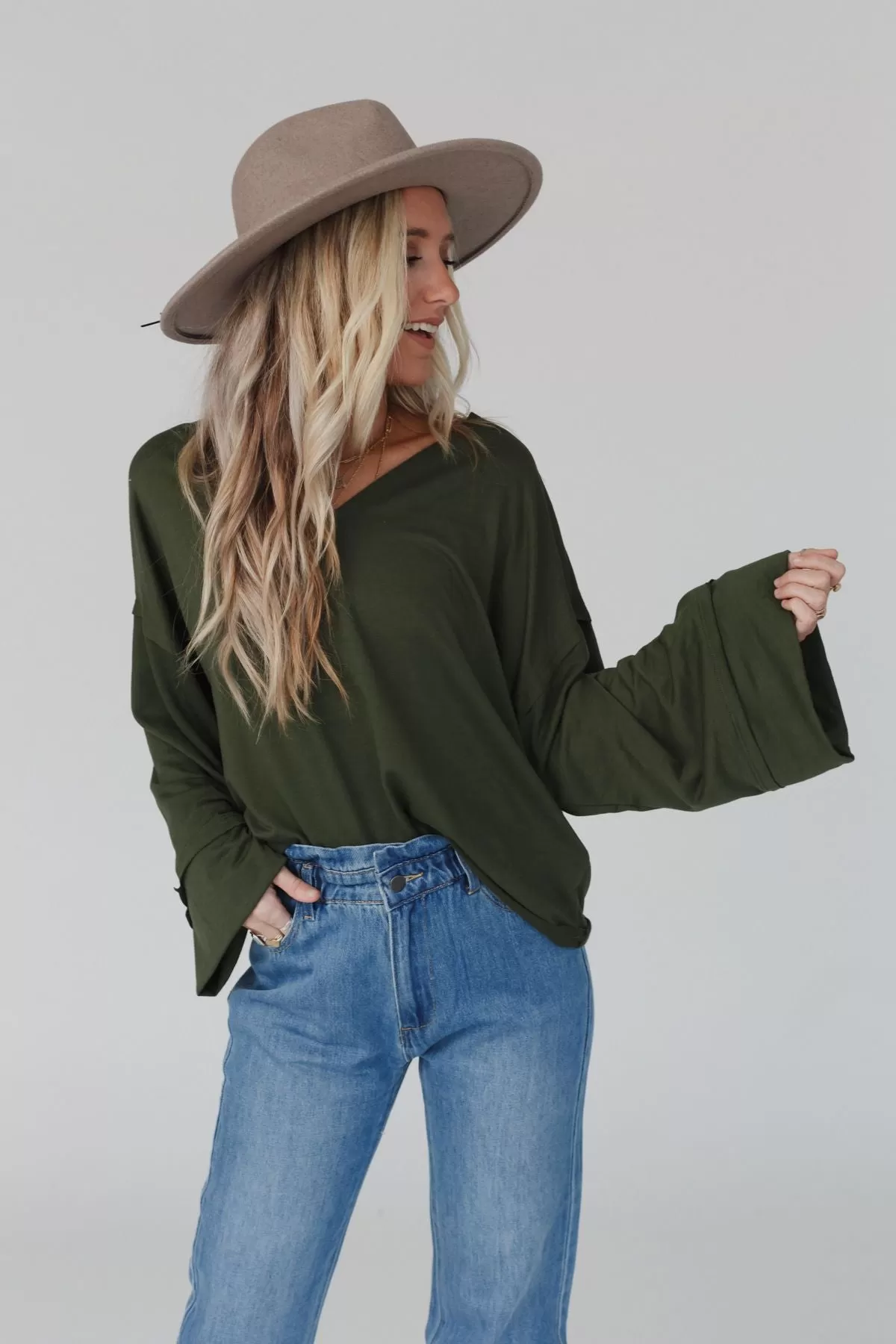 Love It V Neckline Sweater Top - Olive