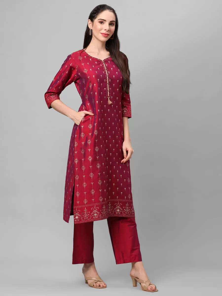 Magenta Ornamental Printed Kurta With Comfort Pant