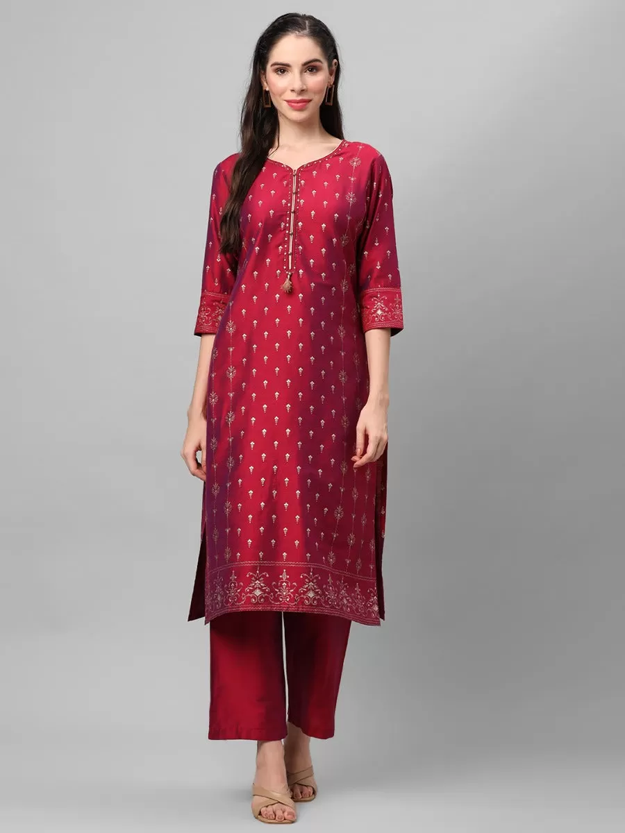 Magenta Ornamental Printed Kurta With Comfort Pant