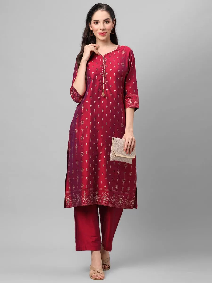 Magenta Ornamental Printed Kurta With Comfort Pant