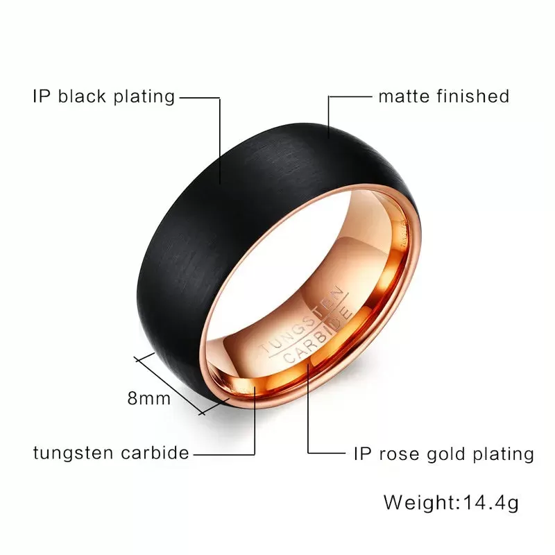 Men 8mm Tungsten Carbide Black Rose Gold Plated Two Tone Wedding Band Engagement Ring Matte Finish