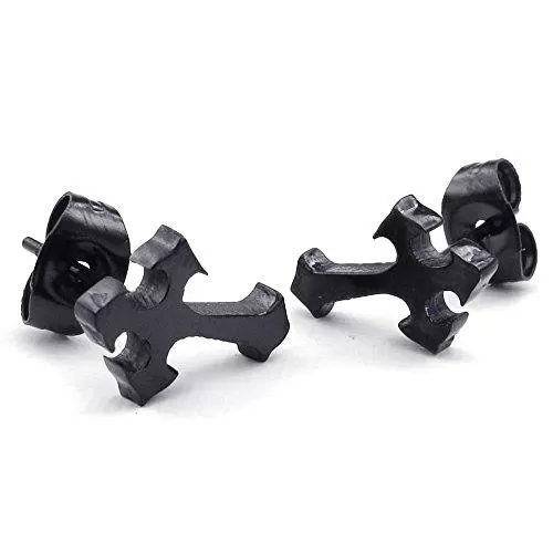 Men Stainless Steel Cross Stud Earrings, Black