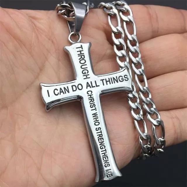 Men's Gold/Silver Stainless Steel Cross Pendant Necklace with Bible Verse