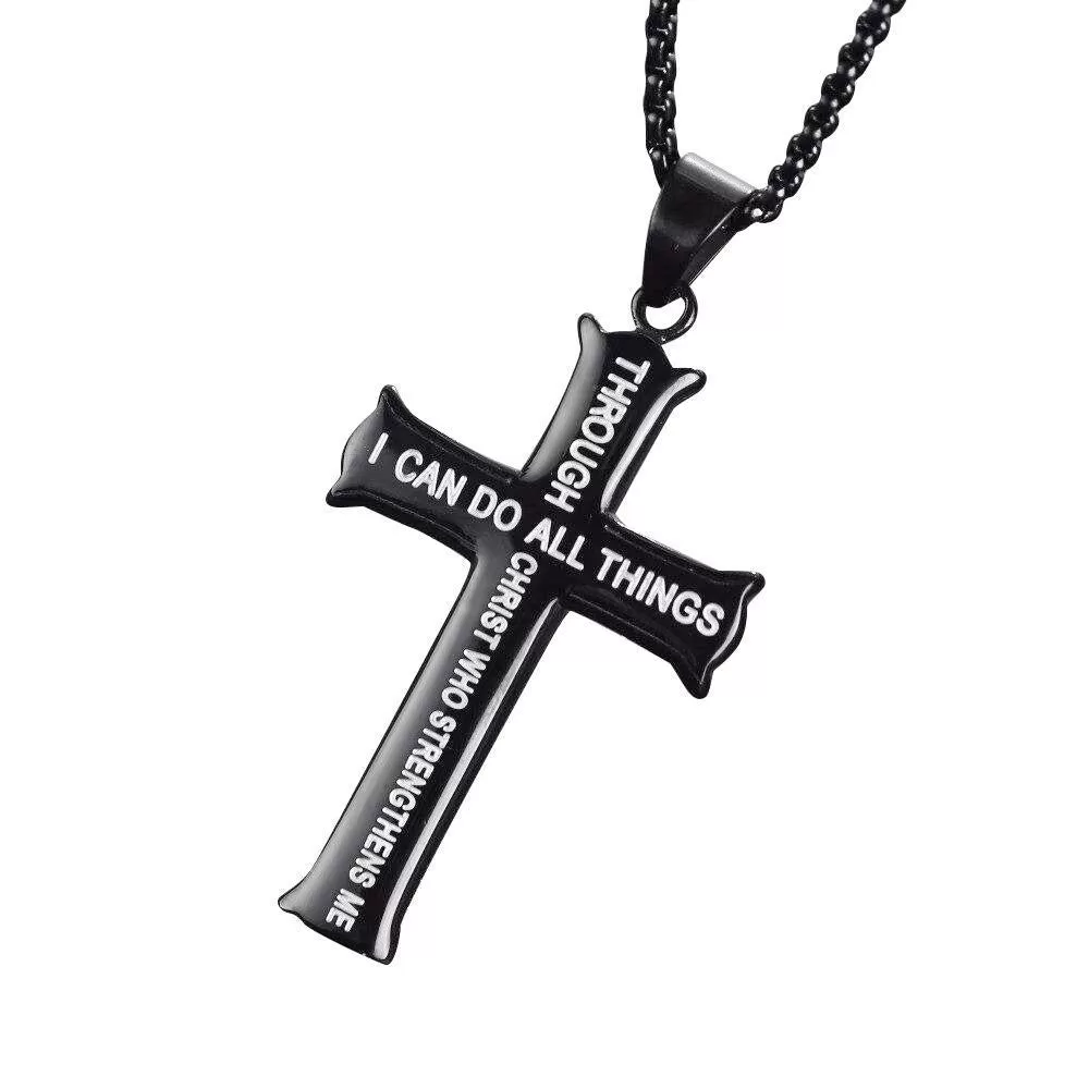 Men's Gold/Silver Stainless Steel Cross Pendant Necklace with Bible Verse