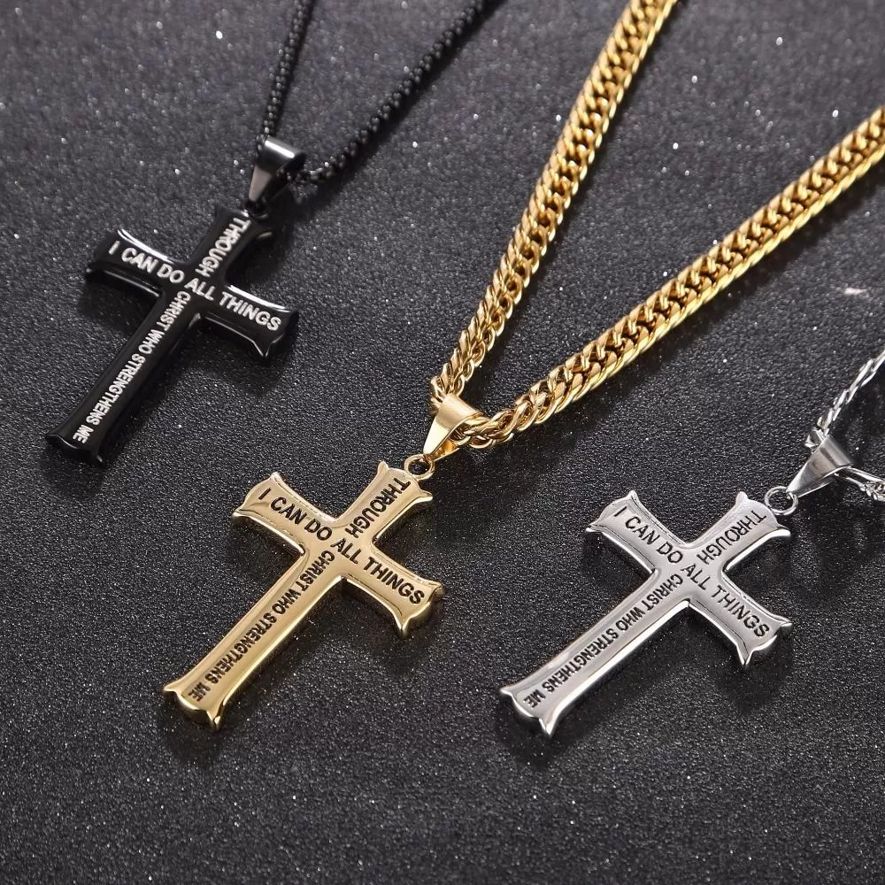 Men's Gold/Silver Stainless Steel Cross Pendant Necklace with Bible Verse