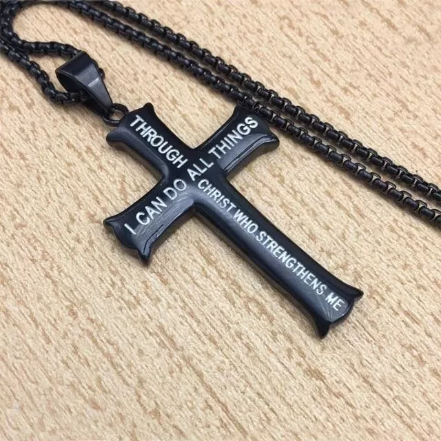 Men's Gold/Silver Stainless Steel Cross Pendant Necklace with Bible Verse