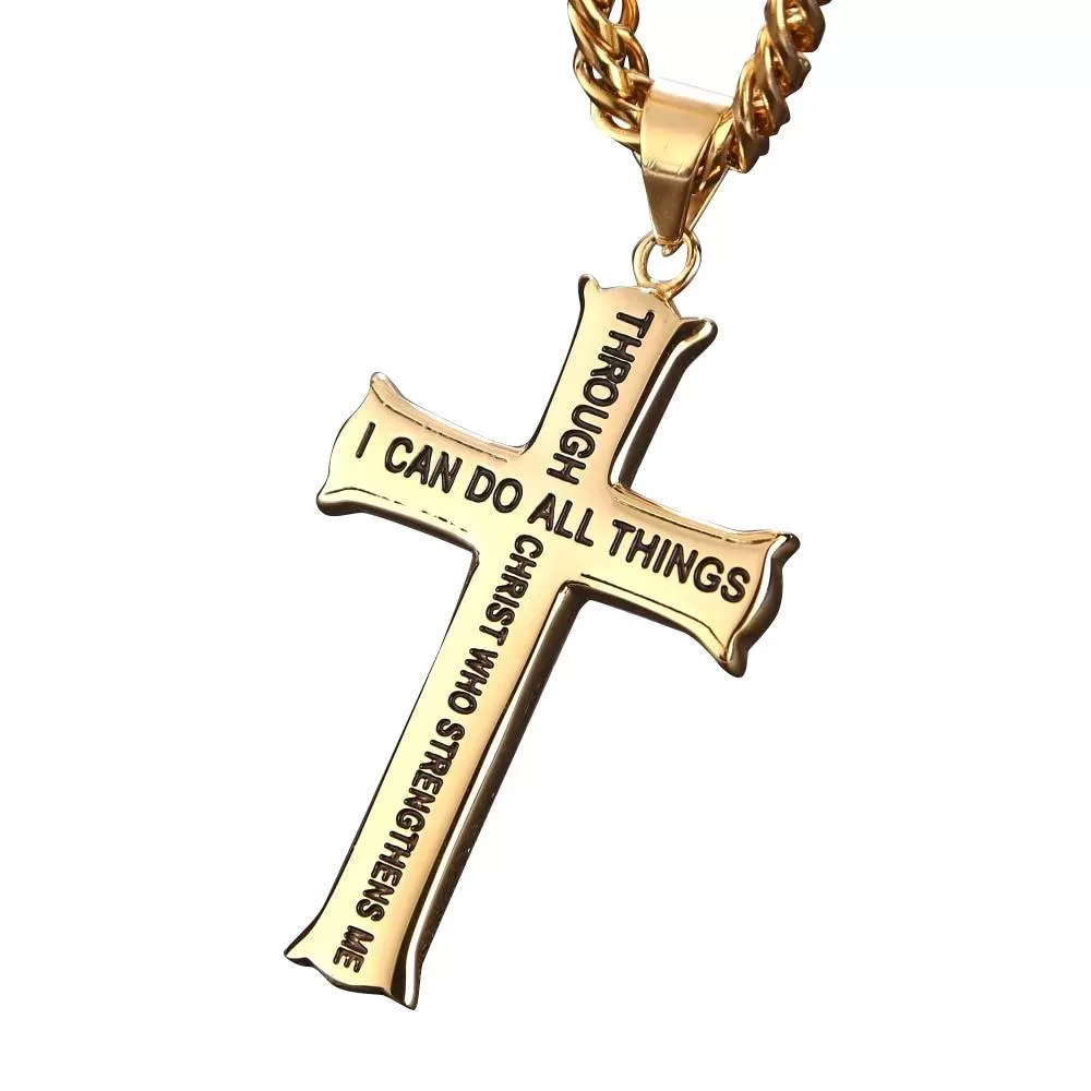 Men's Gold/Silver Stainless Steel Cross Pendant Necklace with Bible Verse