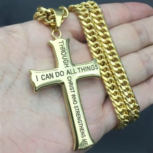 Men's Gold/Silver Stainless Steel Cross Pendant Necklace with Bible Verse