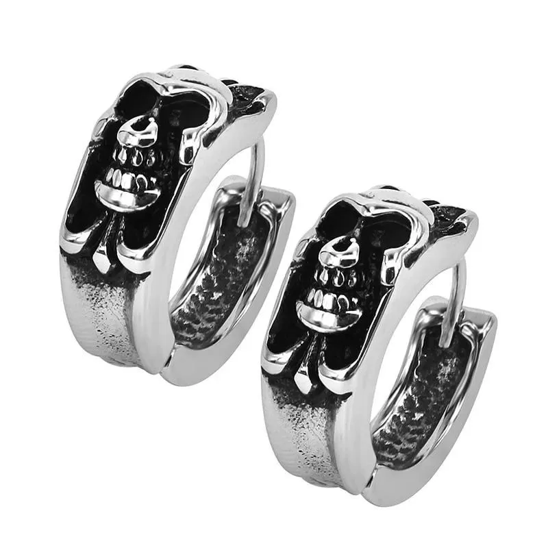 Men's Stainless Steel Black Skull Small Hoop Earrings