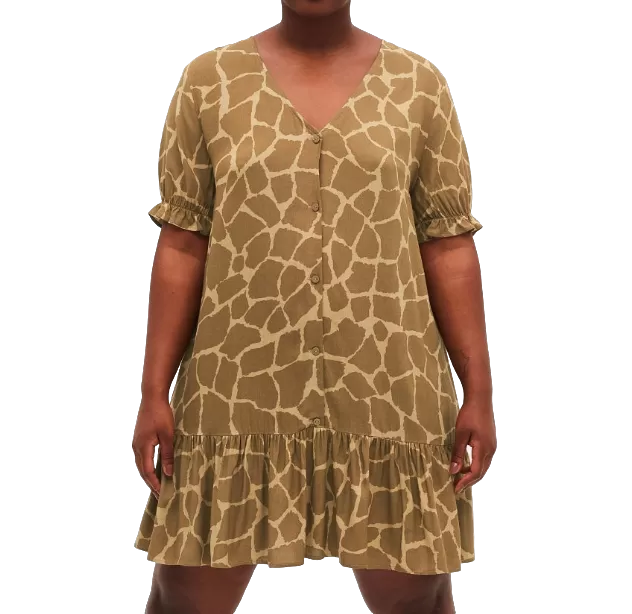 Monki Brown Giraffe Print Mini Flounce Dress BNWT UK L