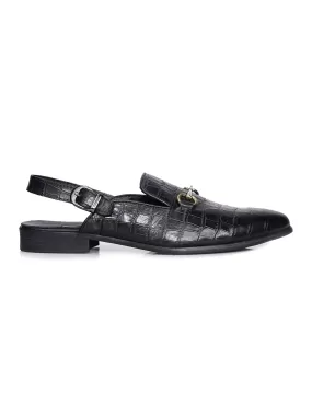 Mules Slingback Strap - Black Croco Leather Horsebit Buckle