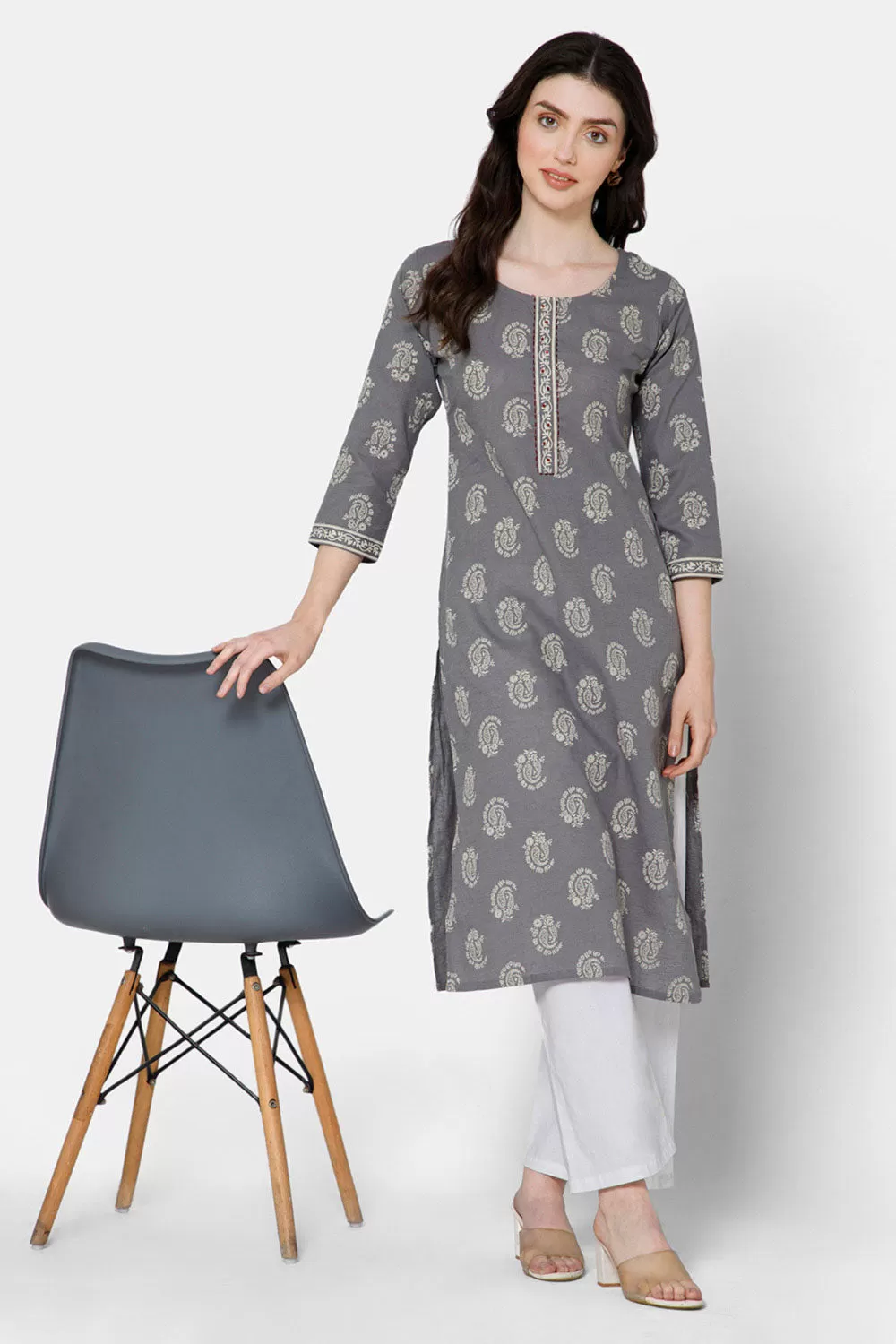 Mythri Women's Casual Kurthi with Patchwork And Minimalistic Embroidery - Grey - E032