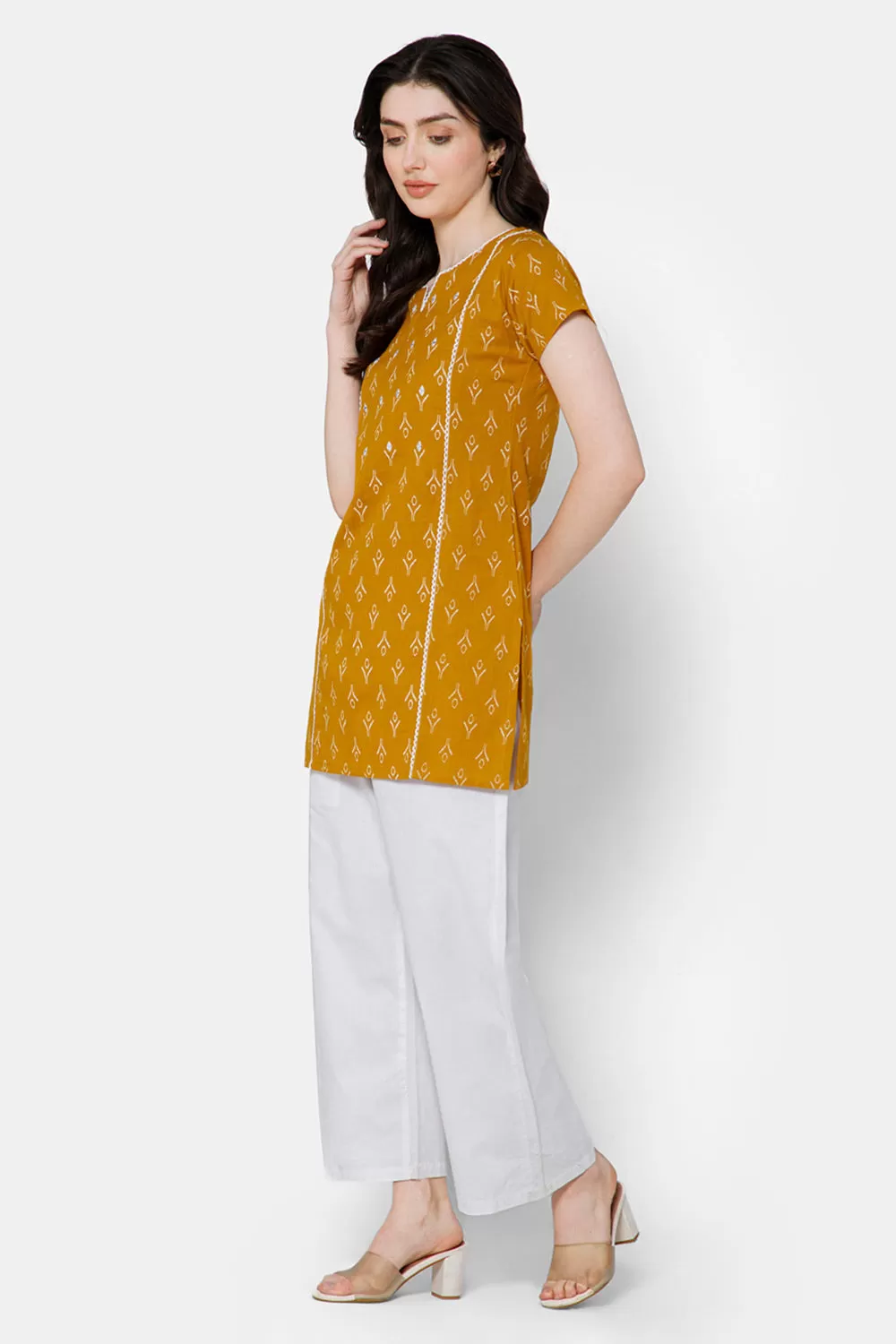 Mythri Women's Casual Tops with Minimalistic Mirror Embroidery With Lace At  The Neckline And Princess Line - Mustard - E009