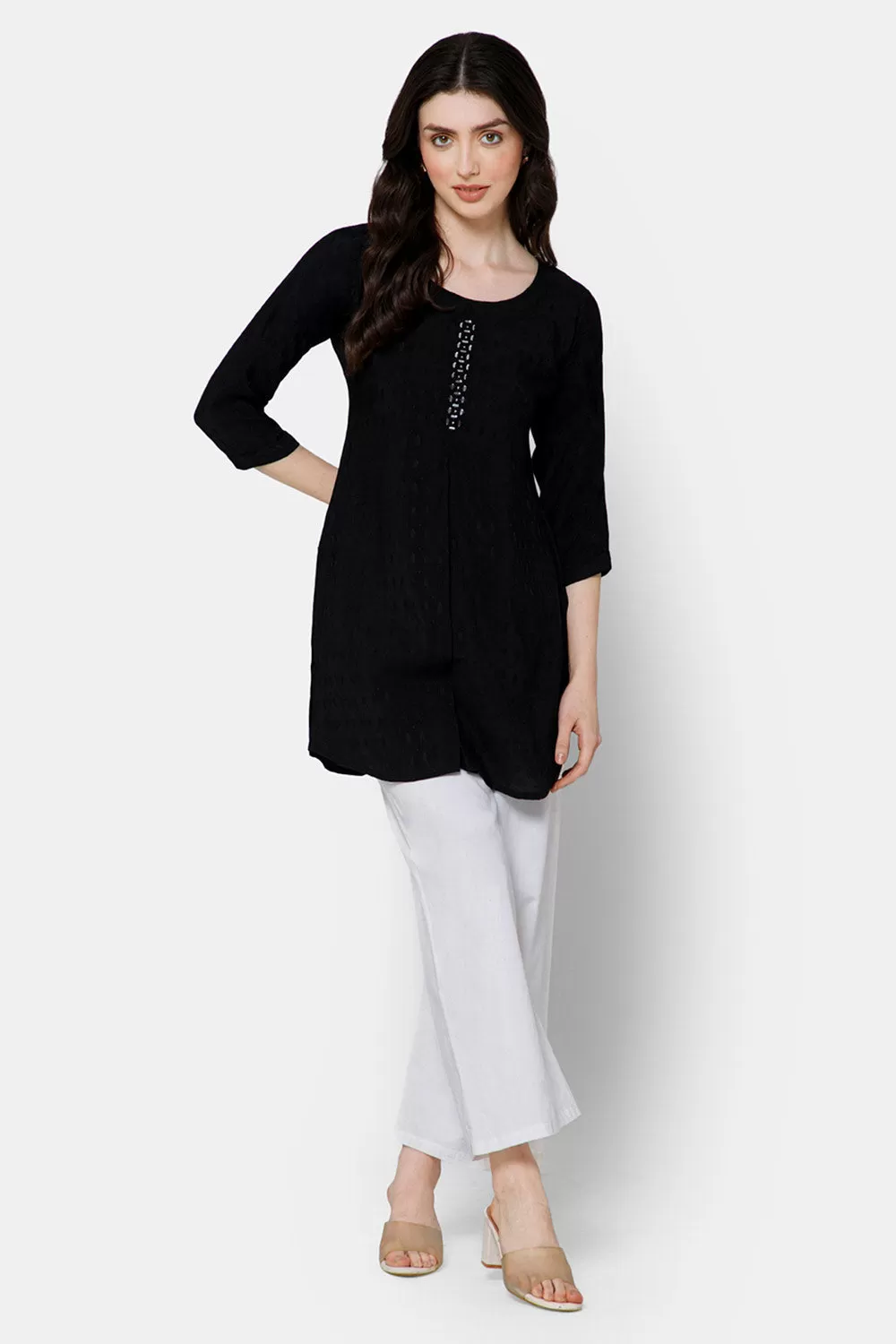 Mythri Women's Casual Tops with Mirror Work At The Center Front  - Black - E023