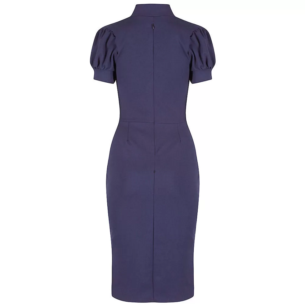 Navy Blue Puff Sleeve Tie Bodycon Pencil Dress