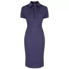 Navy Blue Puff Sleeve Tie Bodycon Pencil Dress