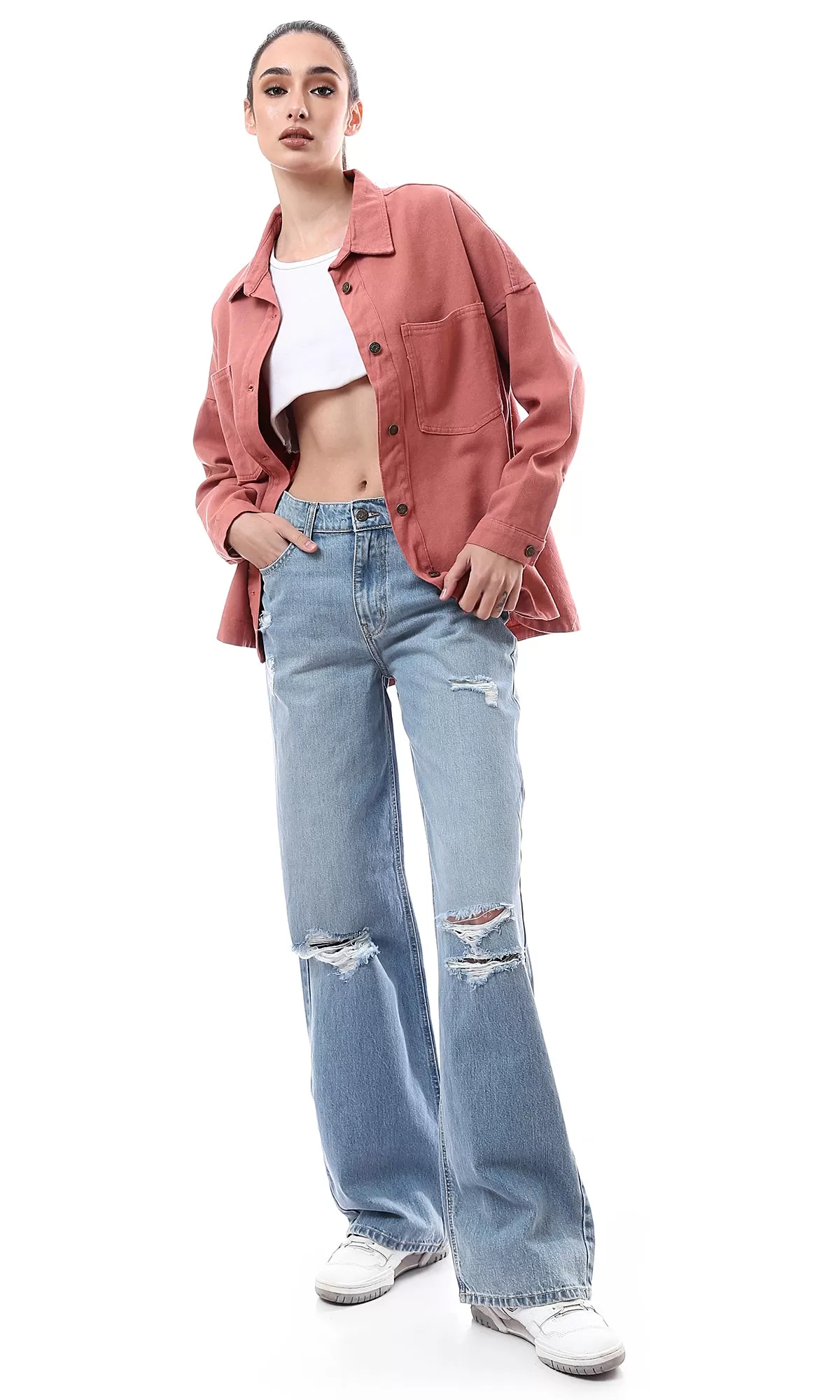 O175799 Wide Leg Solid Light Blue Jeans With Front Rips