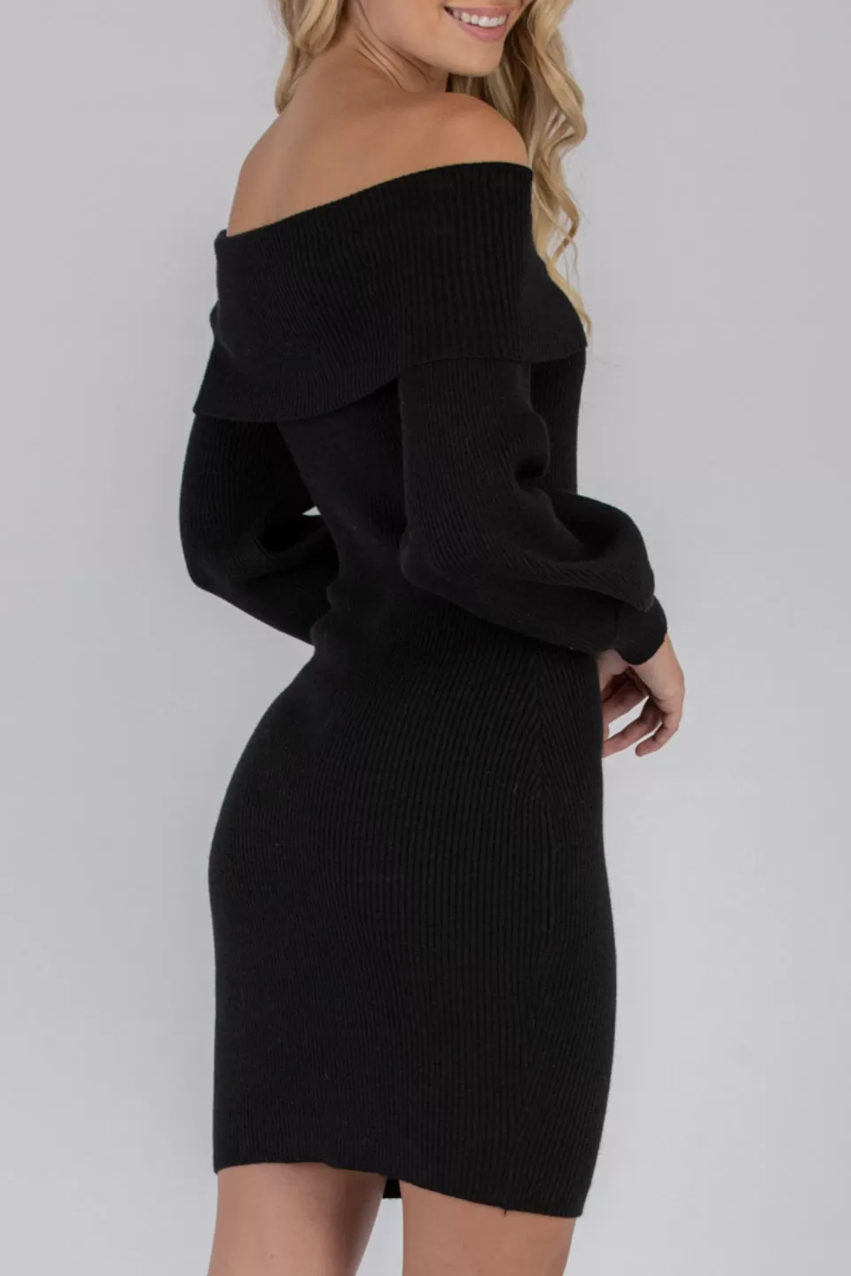 Off Shoulder Bubble Sleeve Black Knit Dress