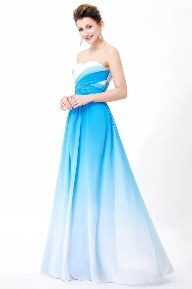 Ombre Spaghetti Straps A-Line Chiffon Blue Lace up Sweetheart White Prom Dresses