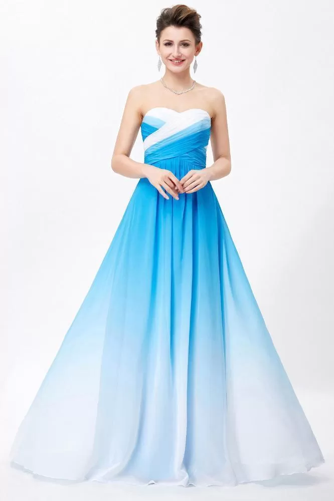 Ombre Spaghetti Straps A-Line Chiffon Blue Lace up Sweetheart White Prom Dresses