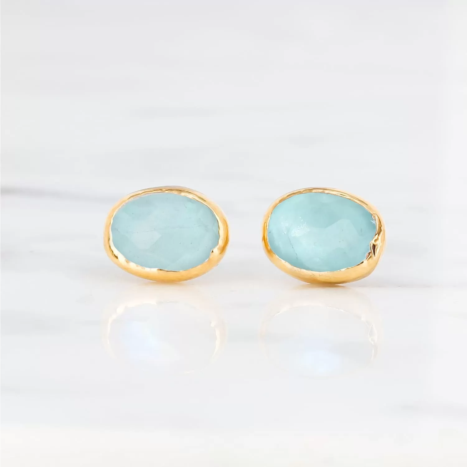 Oval Aquamarine Earrings • Gold Filled • Minimalist Stud Earrings • Perfect Bridal Earrings or Mother of Bride Gift • Something Blue