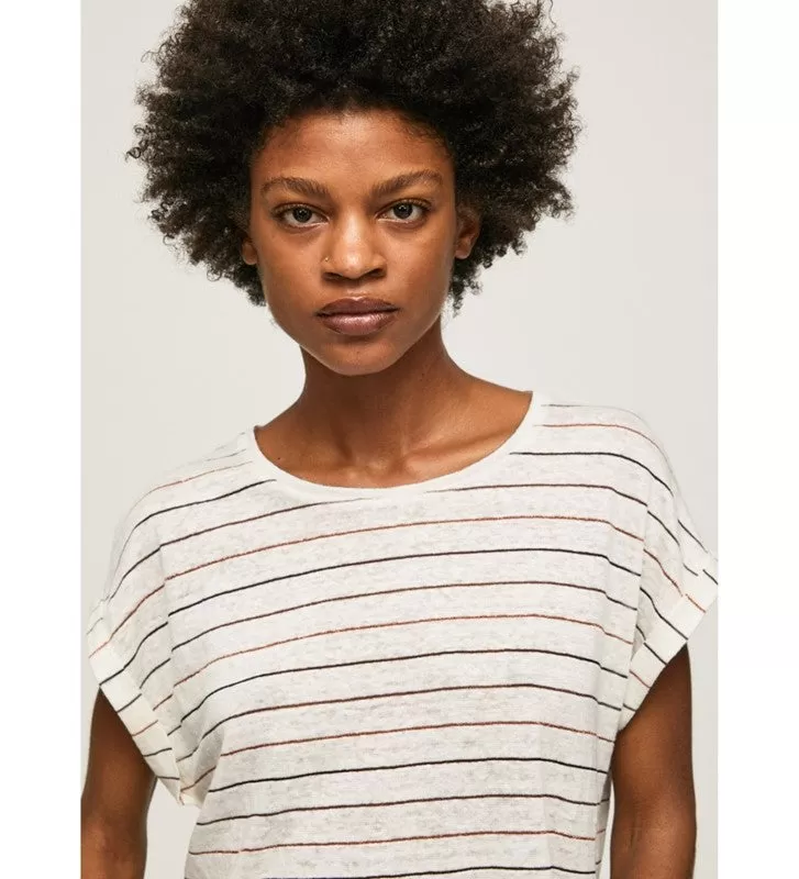 Pepe Jeans women's linen t-shirt with Olaya striped print PL505461 0AA multi