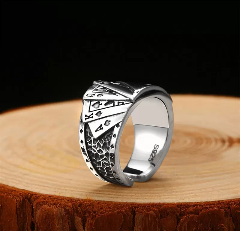 Poker Cards 925 Sterling Silver Adjustable Punk Rock Ring