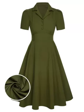 [Pre-Sale] Army Green 1940s Lapel Buttoned Solid Dress