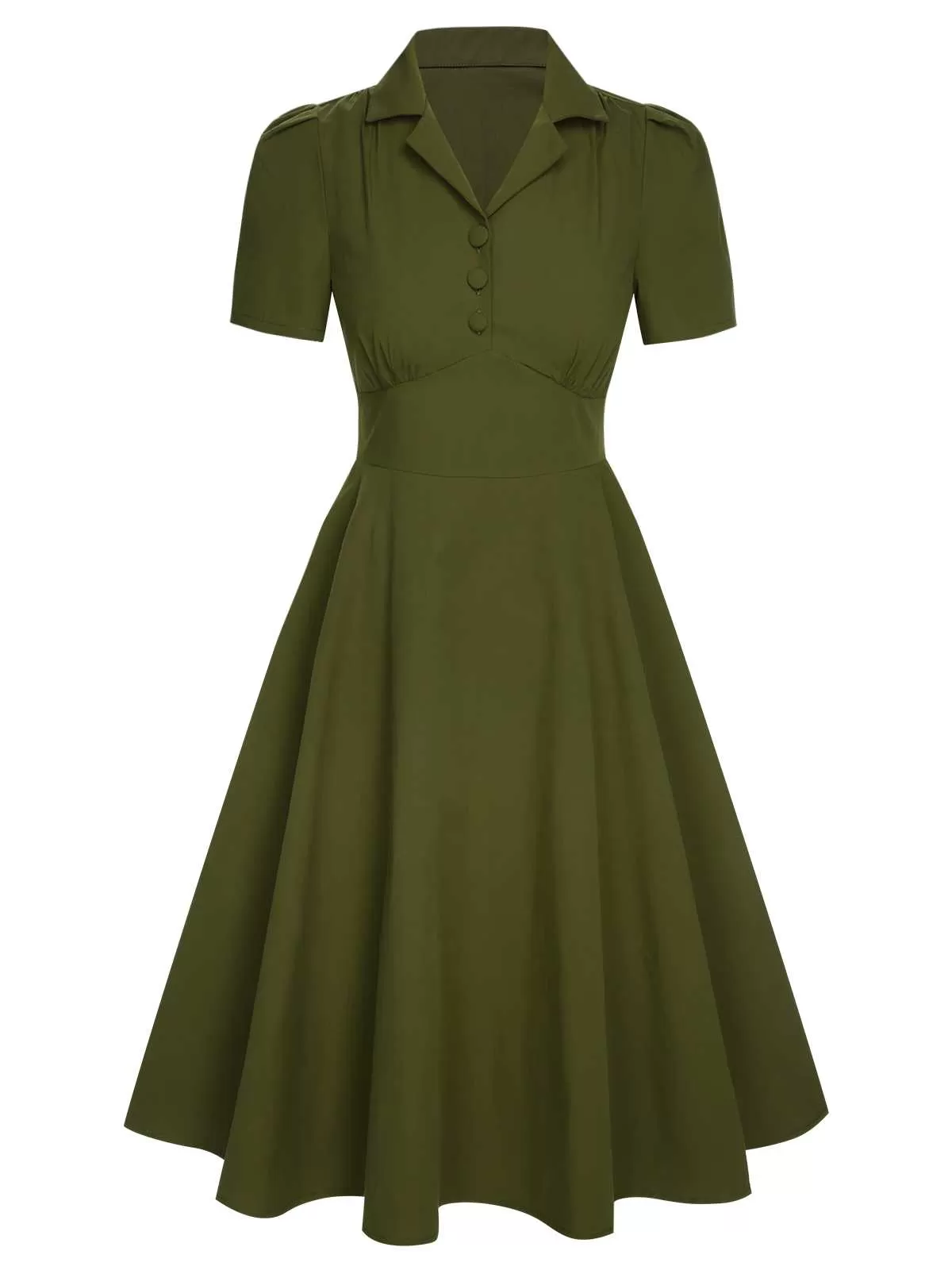 [Pre-Sale] Army Green 1940s Lapel Buttoned Solid Dress