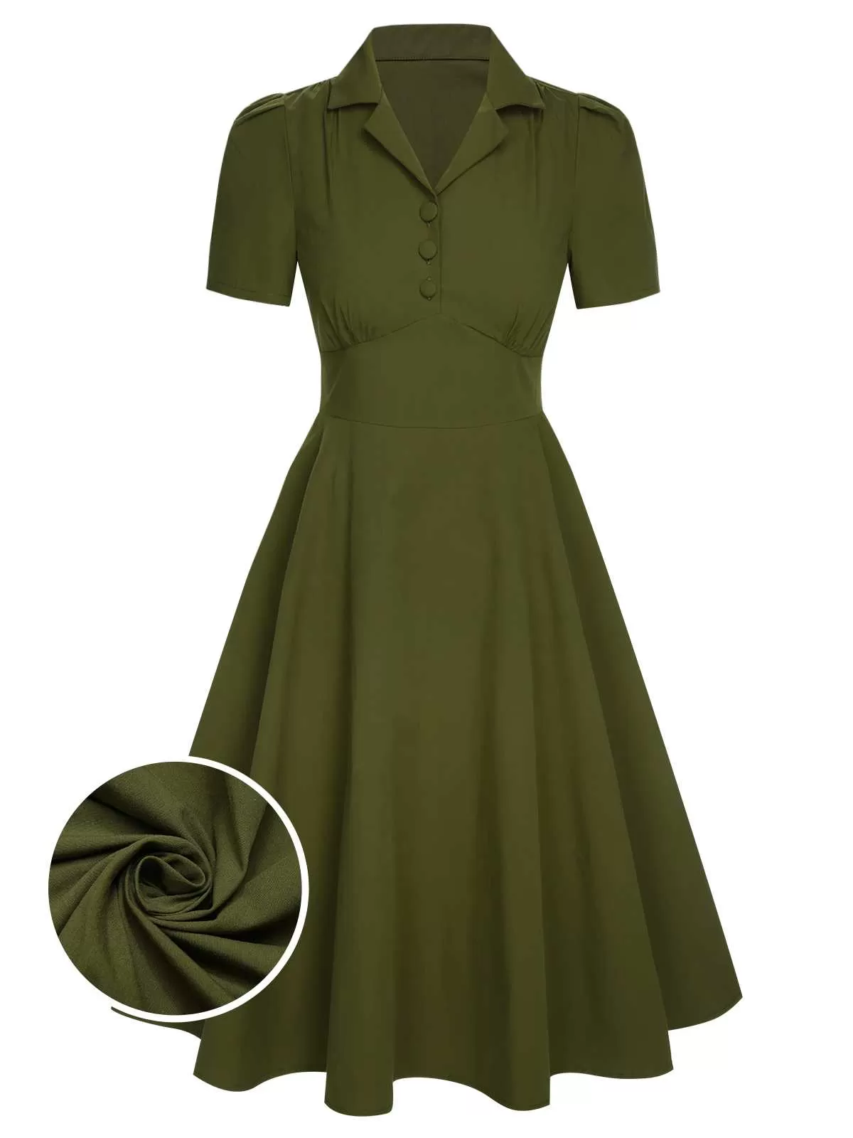 [Pre-Sale] Army Green 1940s Lapel Buttoned Solid Dress