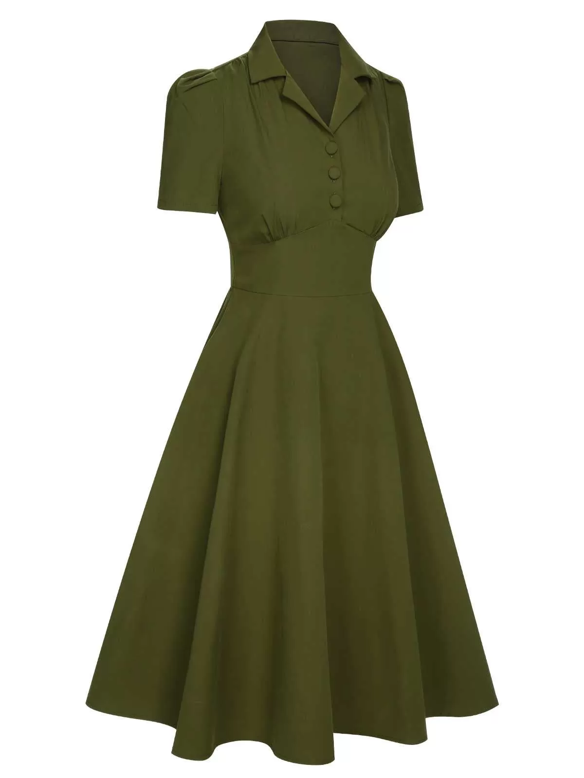 [Pre-Sale] Army Green 1940s Lapel Buttoned Solid Dress