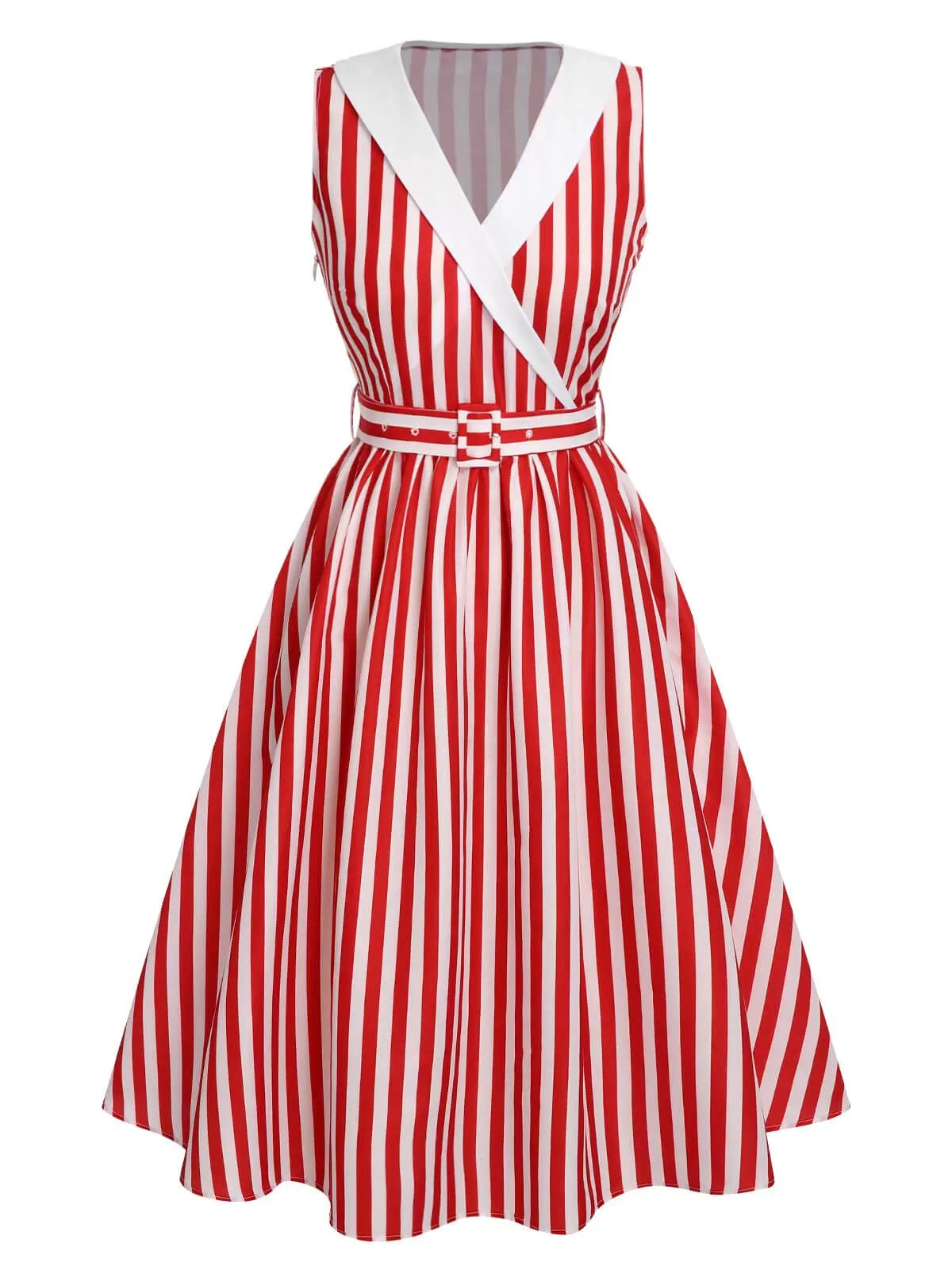 [Pre-Sale] Red & White 1950s Striped Lapel Sleeveless Dress