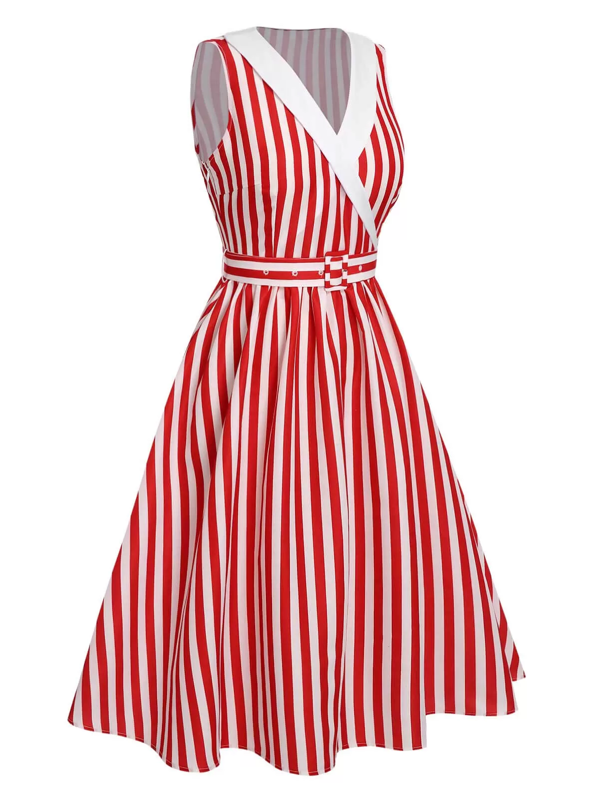 [Pre-Sale] Red & White 1950s Striped Lapel Sleeveless Dress