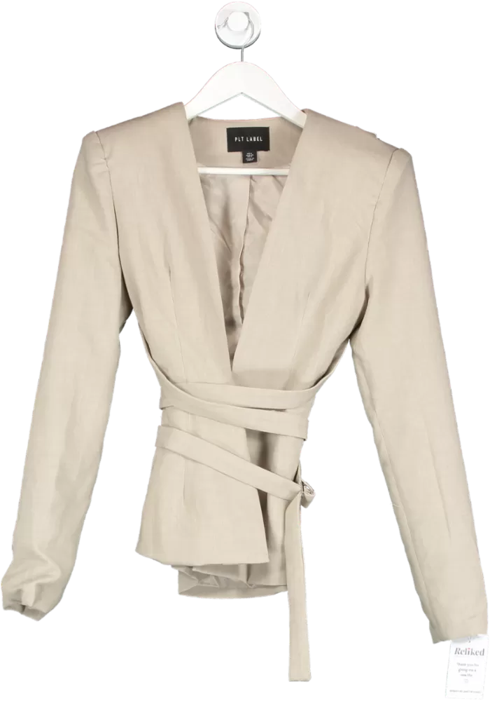 PrettyLittleThing Beige Label Oatmeal Strap Detail Cross Over Fitted Blazer UK 6